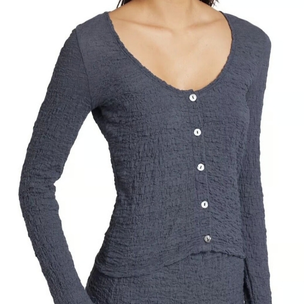 Vince Sz XL Smocked Cotton-Blend Long-Sleeve Button-Front Shirt In Coastal Blue